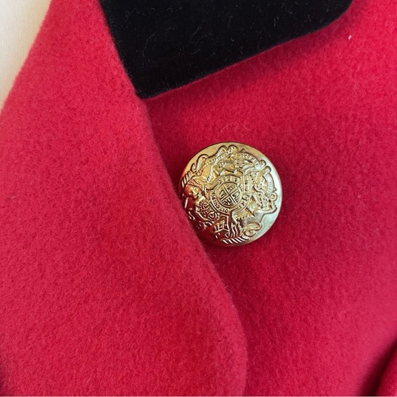 Vintage 80s London Fog Red Wool Long Coat Black Velvet Collar Gold Button 10 P - Picture 3 of 9